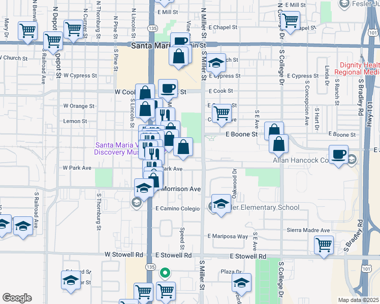 map of restaurants, bars, coffee shops, grocery stores, and more near 705 Miller Street in Santa Maria