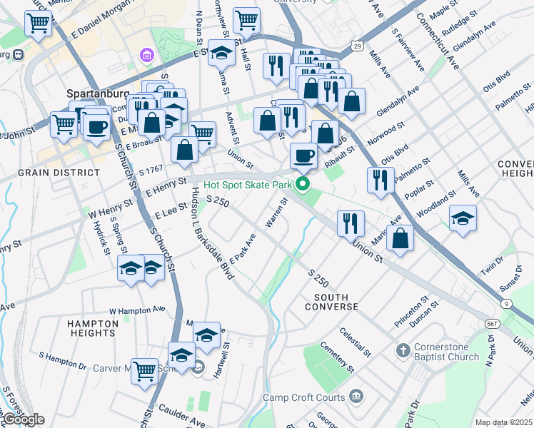 map of restaurants, bars, coffee shops, grocery stores, and more near 311 East Park Avenue in Spartanburg