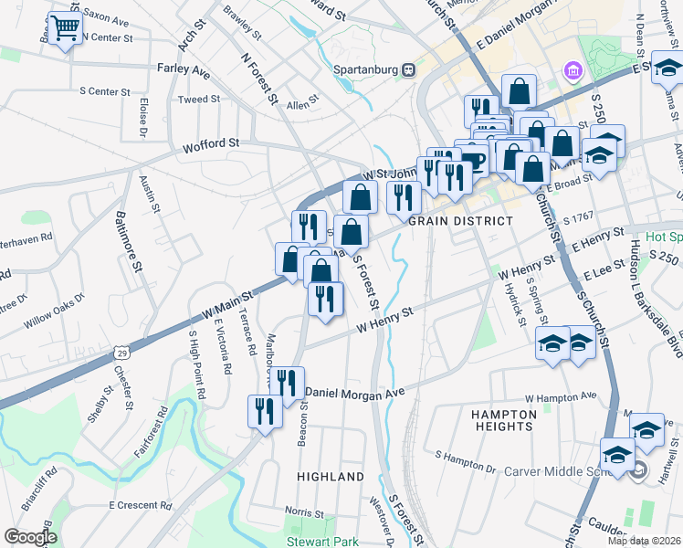 map of restaurants, bars, coffee shops, grocery stores, and more near 126 Druid Street in Spartanburg