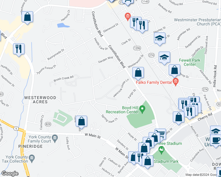 map of restaurants, bars, coffee shops, grocery stores, and more near 1115 Constitution Park Boulevard in Rock Hill