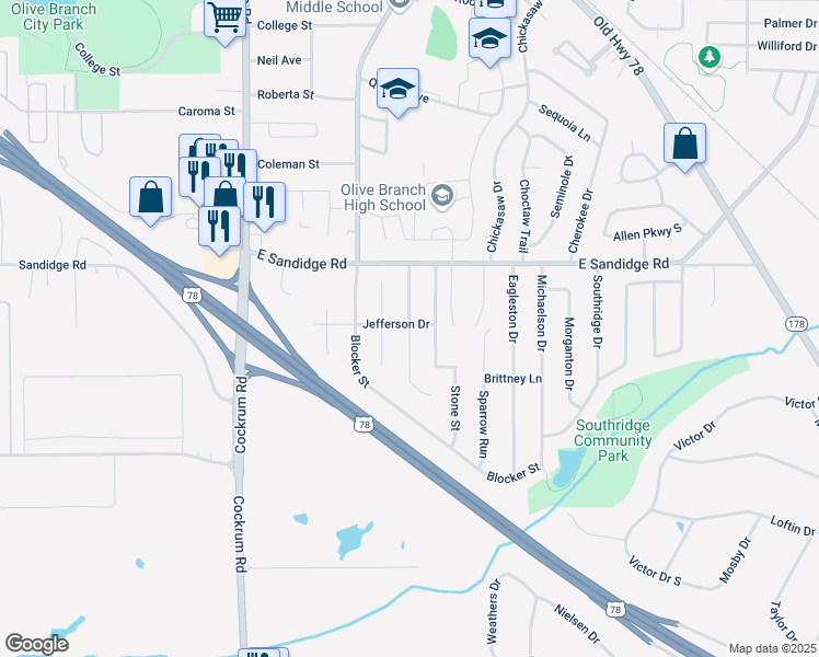 map of restaurants, bars, coffee shops, grocery stores, and more near 5853 Lee's Crossing Street in Olive Branch