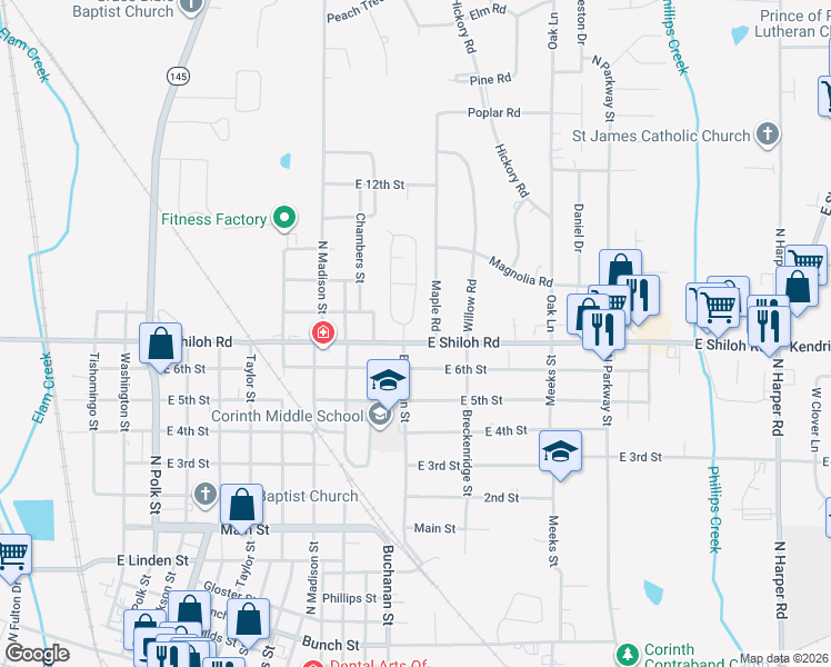map of restaurants, bars, coffee shops, grocery stores, and more near 1117 East Shiloh Road in Corinth