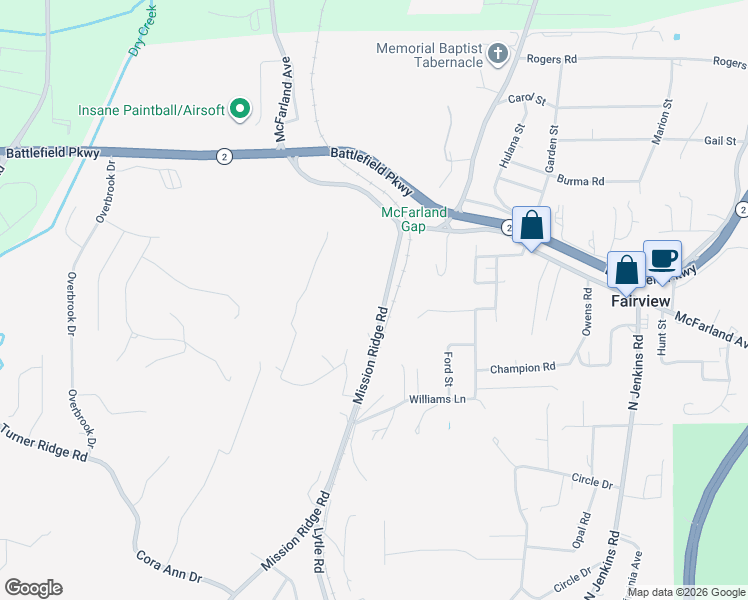 map of restaurants, bars, coffee shops, grocery stores, and more near 133 Mission Ridge Road in Rossville