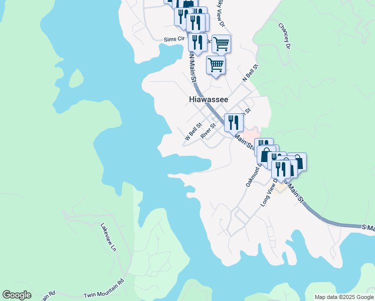 map of restaurants, bars, coffee shops, grocery stores, and more near 32 River Street in Hiawassee