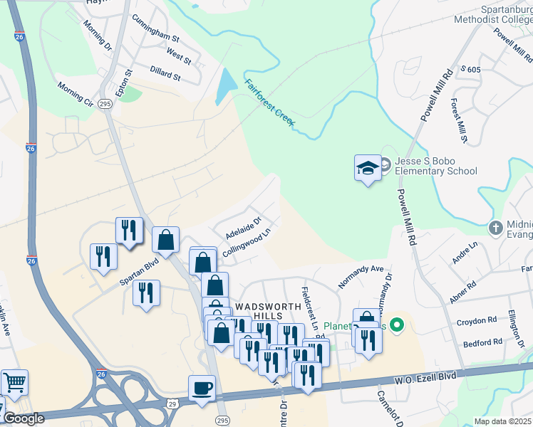 map of restaurants, bars, coffee shops, grocery stores, and more near 624 Adelaide Drive in Spartanburg