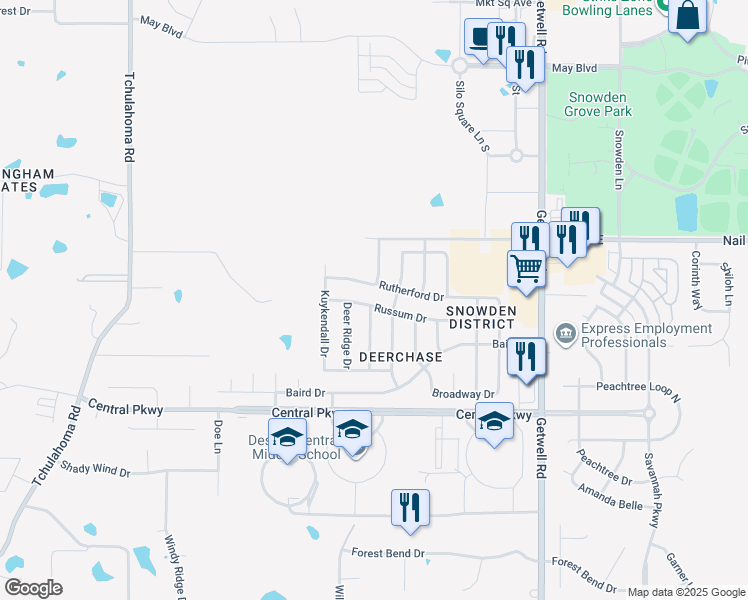 map of restaurants, bars, coffee shops, grocery stores, and more near 2600 Russum Drive in Southaven