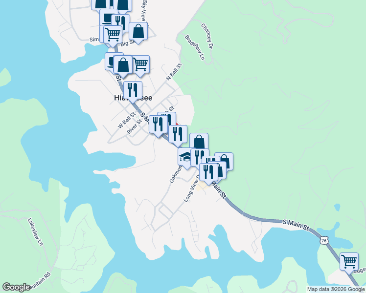 map of restaurants, bars, coffee shops, grocery stores, and more near 150 South Main Street in Hiawassee