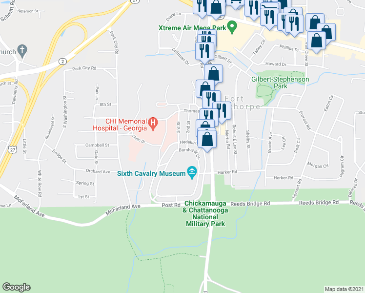 map of restaurants, bars, coffee shops, grocery stores, and more near 411 Barnhardt Circle in Fort Oglethorpe