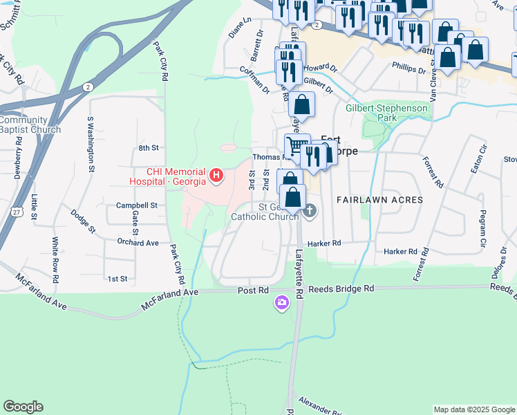map of restaurants, bars, coffee shops, grocery stores, and more near 423 Barnhardt Circle in Fort Oglethorpe
