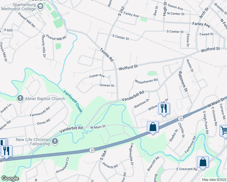 map of restaurants, bars, coffee shops, grocery stores, and more near 101 Gowan Street in Spartanburg