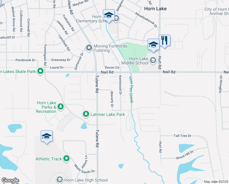 map of restaurants, bars, coffee shops, grocery stores, and more near 5910 Waverly Drive in Horn Lake