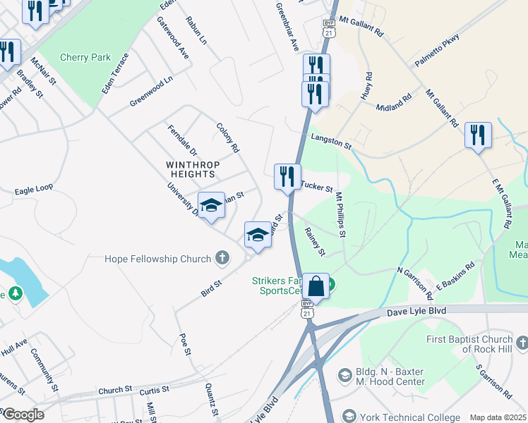 map of restaurants, bars, coffee shops, grocery stores, and more near 1735 Bird Street in Rock Hill