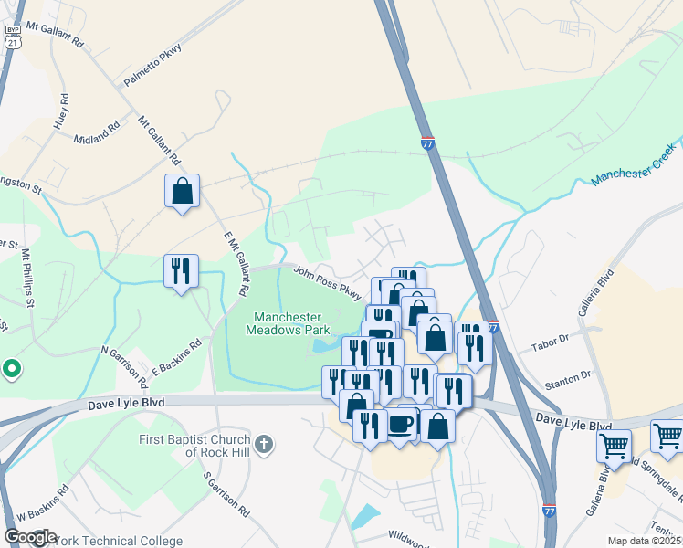map of restaurants, bars, coffee shops, grocery stores, and more near 315 Crumpsall Court in Rock Hill