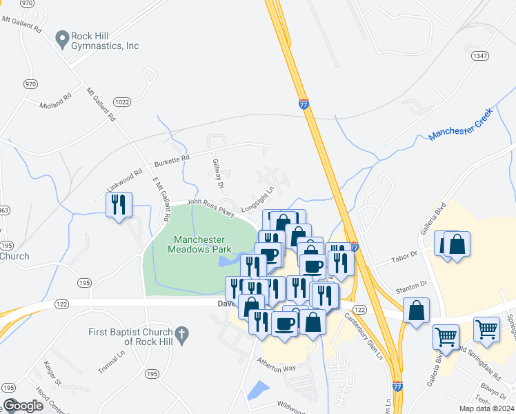 map of restaurants, bars, coffee shops, grocery stores, and more near Crumpsall Court in Rock Hill