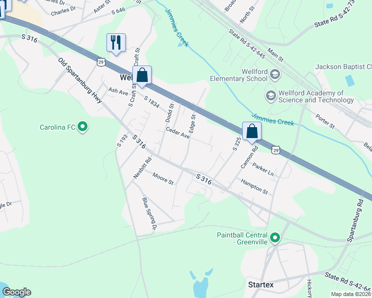 map of restaurants, bars, coffee shops, grocery stores, and more near 131 Edge Street in Wellford