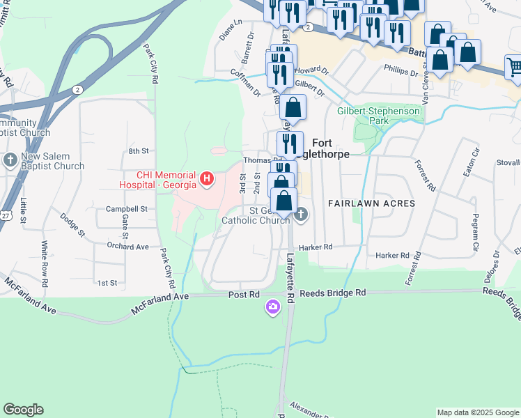 map of restaurants, bars, coffee shops, grocery stores, and more near 527 Barnhardt Circle in Fort Oglethorpe