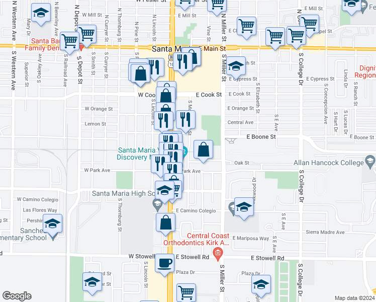 map of restaurants, bars, coffee shops, grocery stores, and more near 691 South McClelland Street in Santa Maria