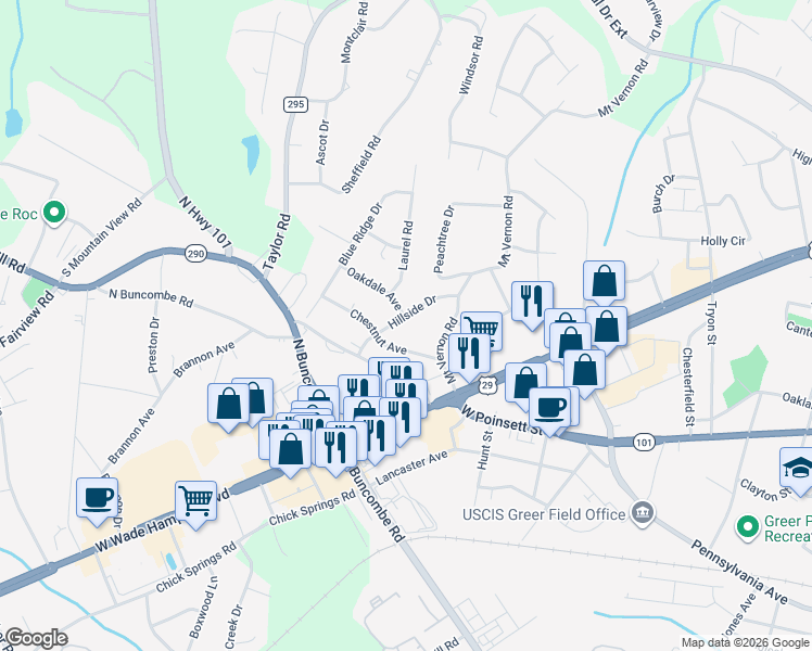 map of restaurants, bars, coffee shops, grocery stores, and more near 200 Hillside Drive in Greer