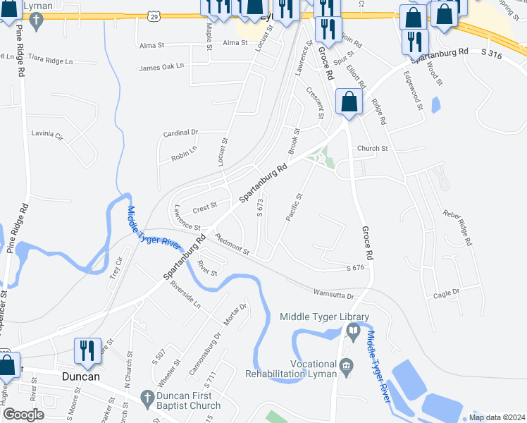 map of restaurants, bars, coffee shops, grocery stores, and more near 20 South 673 in Lyman