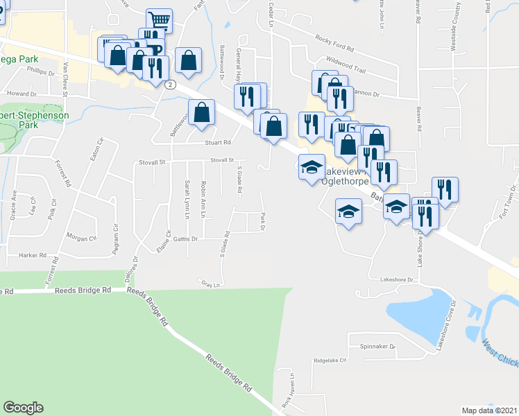 map of restaurants, bars, coffee shops, grocery stores, and more near 16 Maple Lane in Fort Oglethorpe