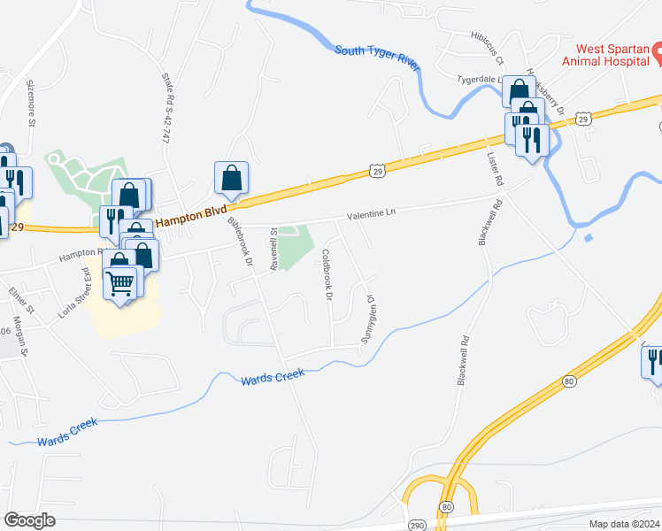 map of restaurants, bars, coffee shops, grocery stores, and more near 844 Coldbrook Drive in Greer