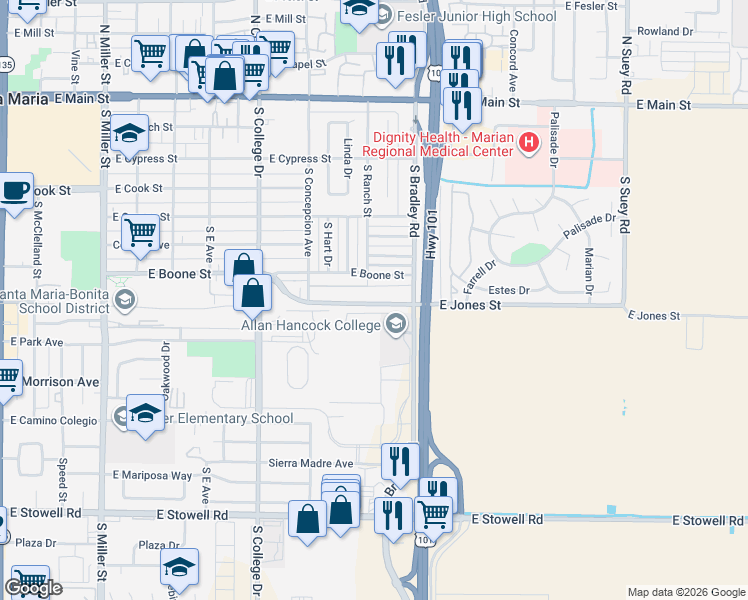 map of restaurants, bars, coffee shops, grocery stores, and more near 100 East Jones Street in Santa Maria