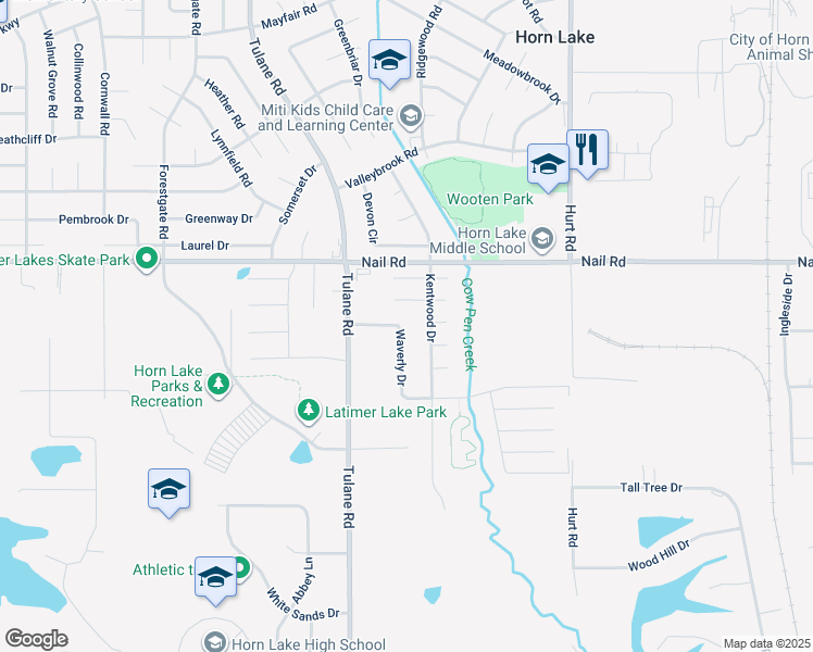 map of restaurants, bars, coffee shops, grocery stores, and more near 5910 Waverly Drive in Horn Lake