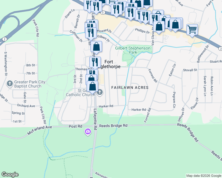 map of restaurants, bars, coffee shops, grocery stores, and more near 208 Robert E Lee Street in Fort Oglethorpe