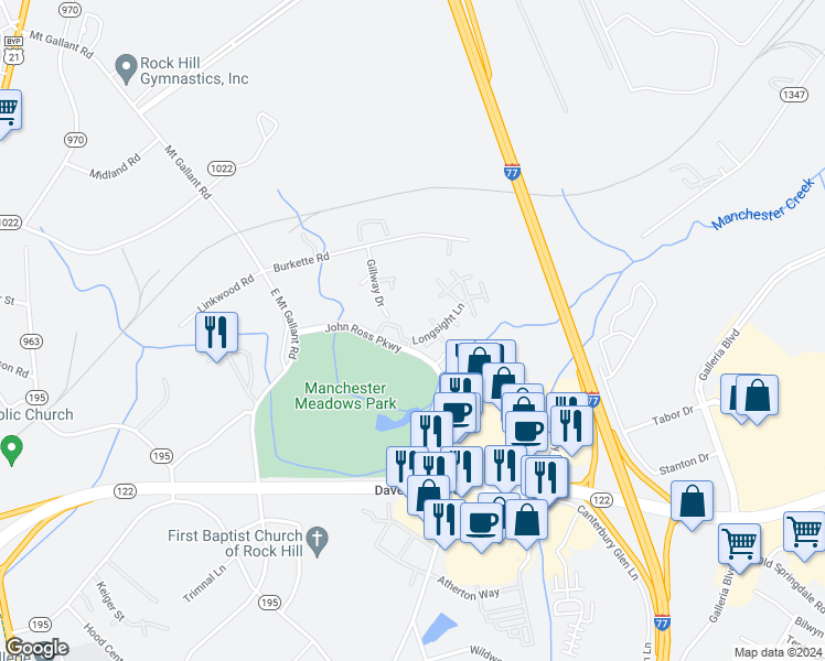 map of restaurants, bars, coffee shops, grocery stores, and more near 315 Crumpsall Court in Rock Hill