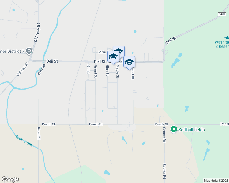 map of restaurants, bars, coffee shops, grocery stores, and more near 1109 High Street in Ninnekah