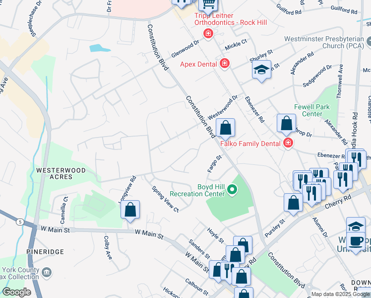 map of restaurants, bars, coffee shops, grocery stores, and more near 1155 Constitution Park Boulevard in Rock Hill