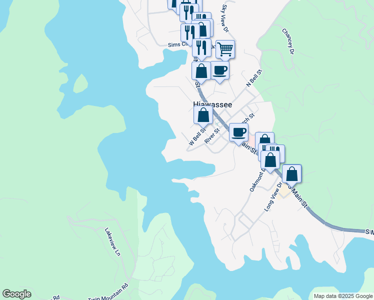 map of restaurants, bars, coffee shops, grocery stores, and more near 32 River Street in Hiawassee