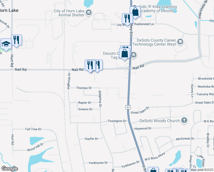 map of restaurants, bars, coffee shops, grocery stores, and more near 1675 Thomas Street in Horn Lake