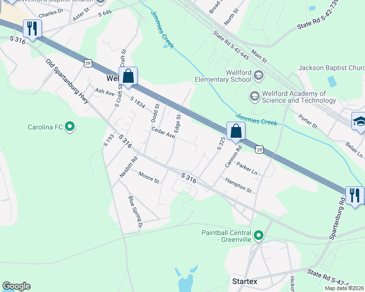 map of restaurants, bars, coffee shops, grocery stores, and more near 139 Cedar Avenue in Wellford