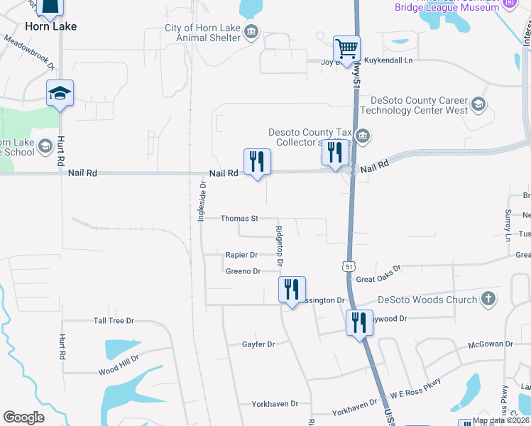 map of restaurants, bars, coffee shops, grocery stores, and more near 1857 Thomas Street in Horn Lake