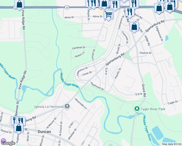 map of restaurants, bars, coffee shops, grocery stores, and more near 46 Spartanburg Road in Lyman
