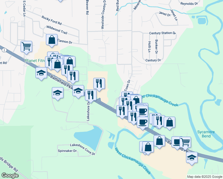 map of restaurants, bars, coffee shops, grocery stores, and more near 2403 Battlefield Parkway in Fort Oglethorpe