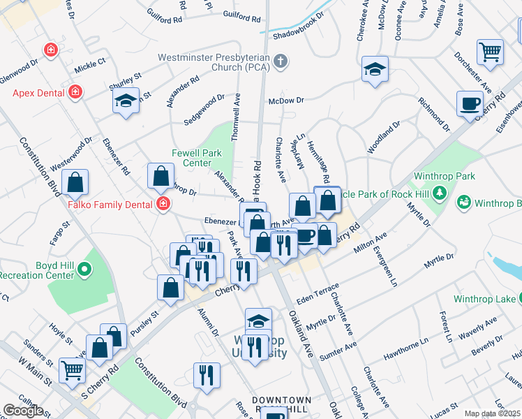 map of restaurants, bars, coffee shops, grocery stores, and more near 513 North Avenue in Rock Hill