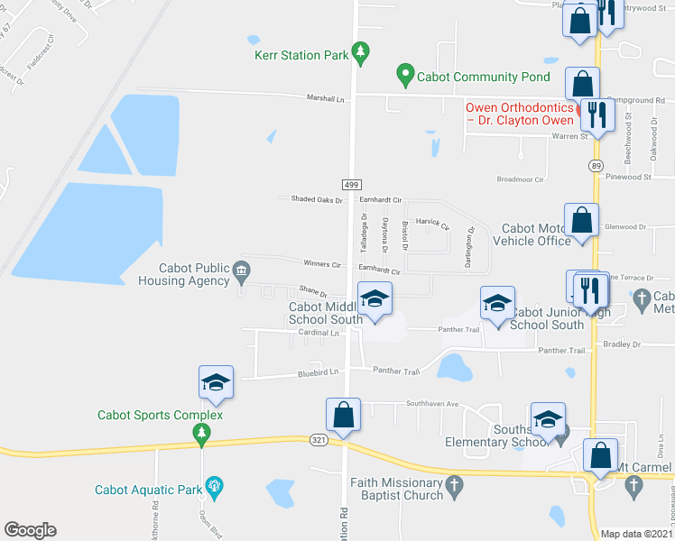 map of restaurants, bars, coffee shops, grocery stores, and more near 13 Winners Circle in Cabot