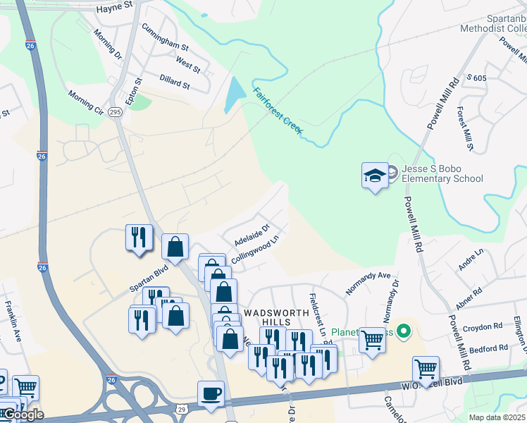 map of restaurants, bars, coffee shops, grocery stores, and more near 424 Melbourne Lane in Spartanburg