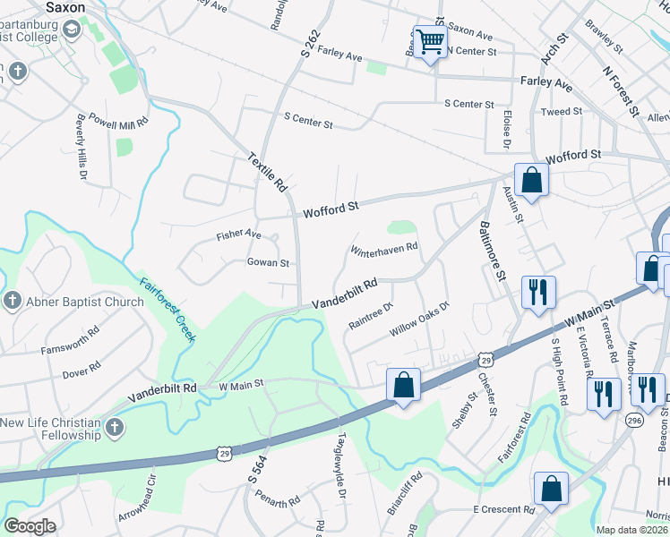 map of restaurants, bars, coffee shops, grocery stores, and more near 203 Edenbridge Lane in Spartanburg