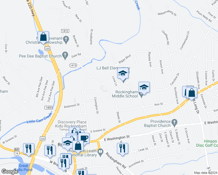 map of restaurants, bars, coffee shops, grocery stores, and more near 516 Steele Street in Rockingham