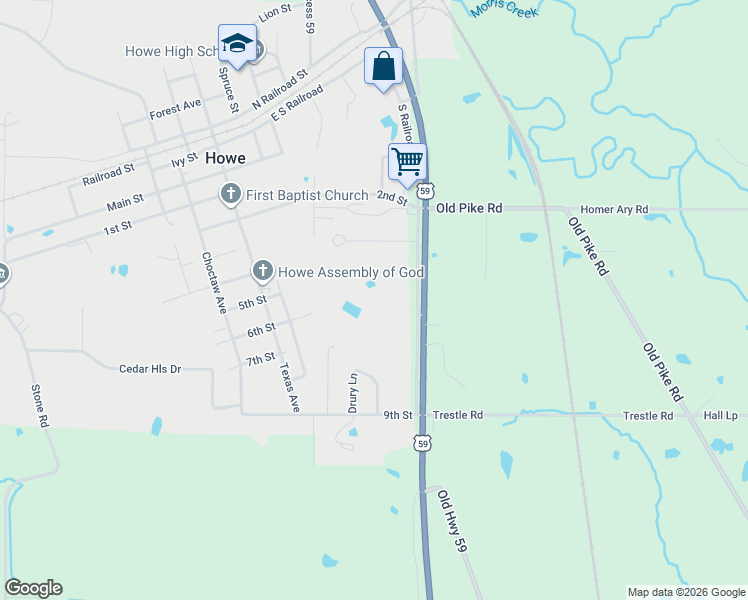 map of restaurants, bars, coffee shops, grocery stores, and more near South Railroad Street in Howe