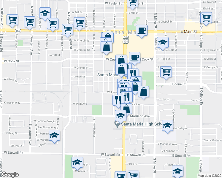 map of restaurants, bars, coffee shops, grocery stores, and more near 601 South Lincoln Street in Santa Maria
