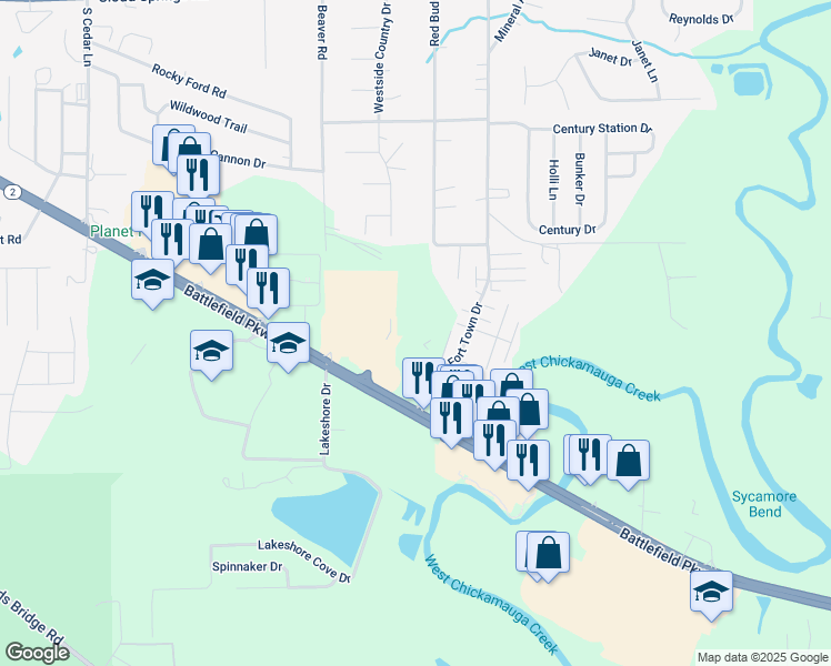 map of restaurants, bars, coffee shops, grocery stores, and more near 2403 Battlefield Parkway in Fort Oglethorpe