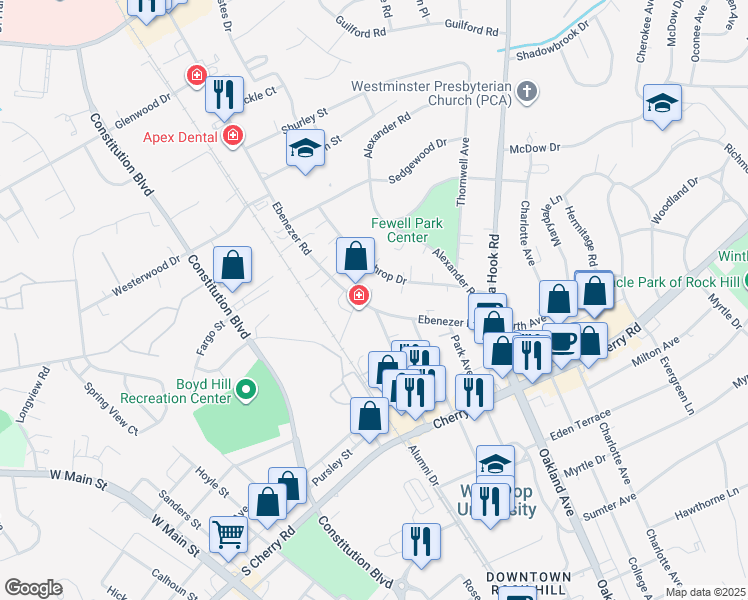 map of restaurants, bars, coffee shops, grocery stores, and more near 1235 Winthrop Drive in Rock Hill