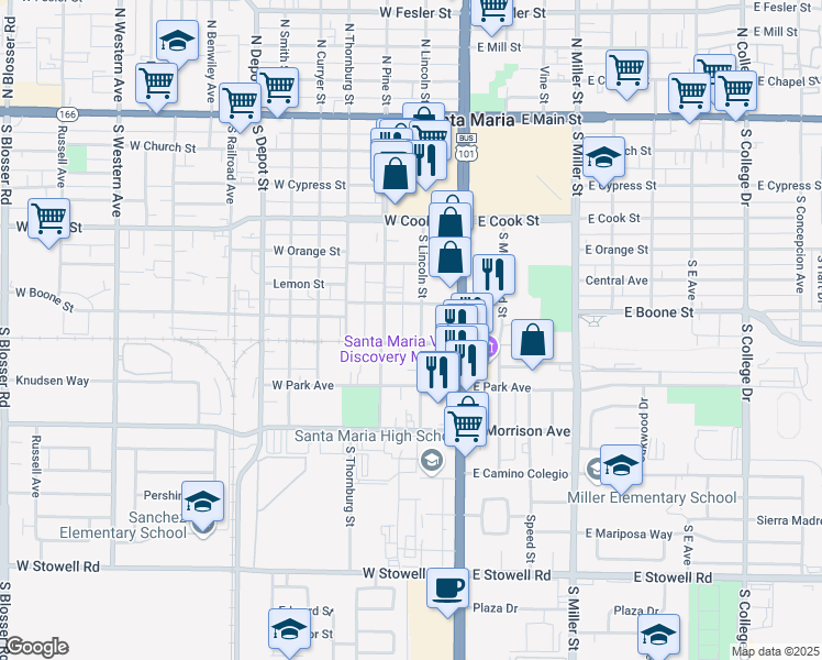 map of restaurants, bars, coffee shops, grocery stores, and more near 621 South Lincoln Street in Santa Maria