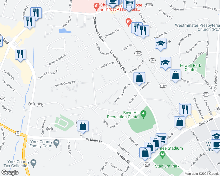 map of restaurants, bars, coffee shops, grocery stores, and more near 253 Westerwood Drive in Rock Hill