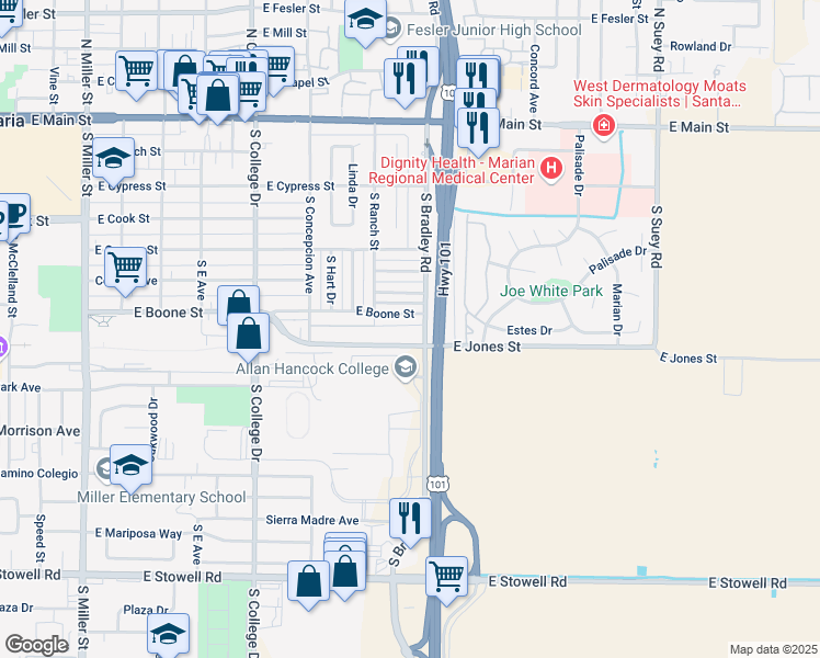 map of restaurants, bars, coffee shops, grocery stores, and more near 715 South Bradley Road in Santa Maria