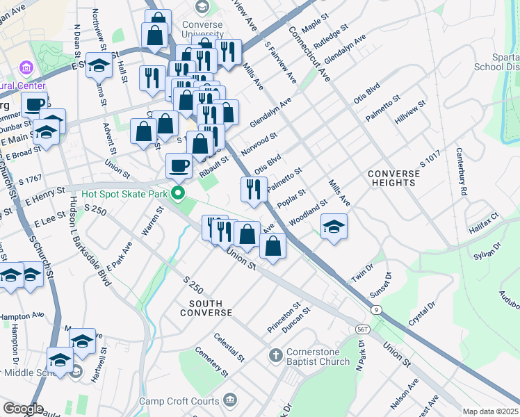 map of restaurants, bars, coffee shops, grocery stores, and more near 341 South Pine Street in Spartanburg